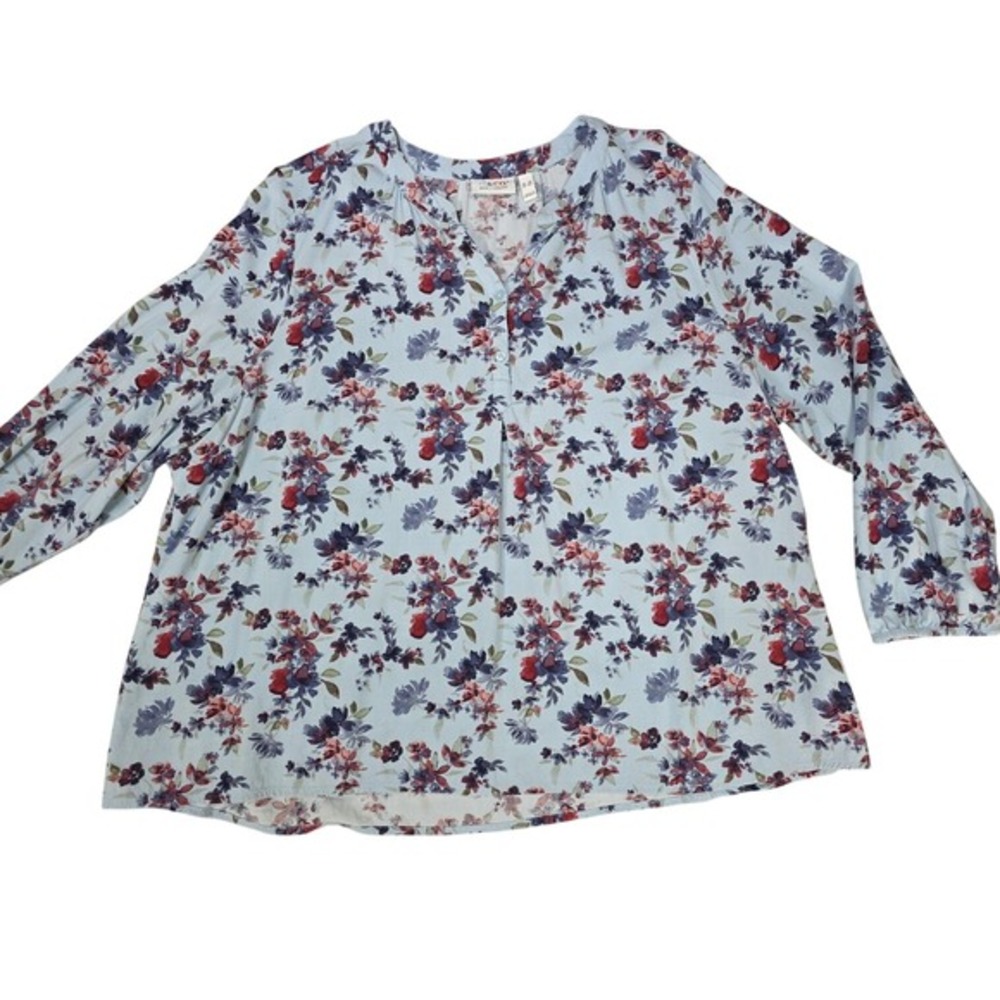 d&co Womens Floral Tunic Blouse Lightweight Long Sleeve Blue Size 3X